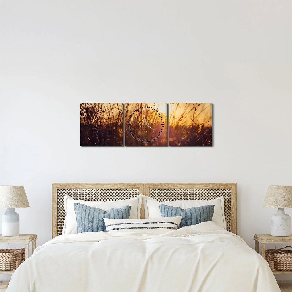 Obraz pola o zachodzie słońca (z zegarem) (90x30 cm)