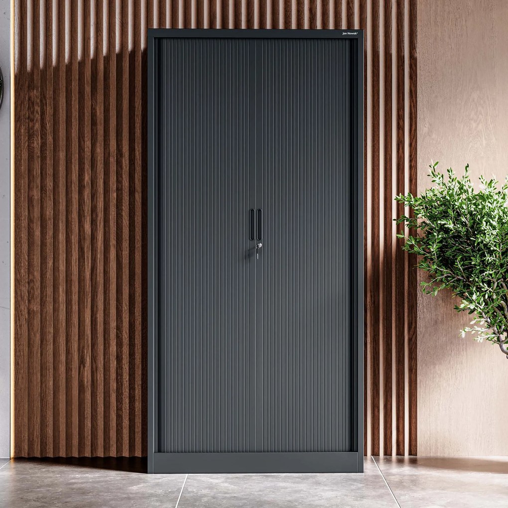 Metalowa szafa biurowa na akta z roletą DAMIAN, 900 x 1850 x 450 mm, antracytowa