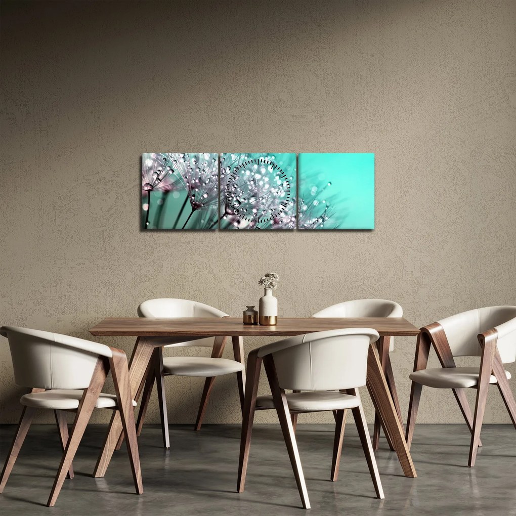 Obraz - zroszona roślina (z zegarem) (90x30 cm)