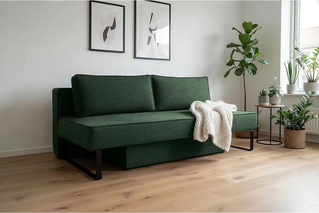 Sofa z funkcją spania i pojemnikiem NOMI, tkanina Faro, Zielony