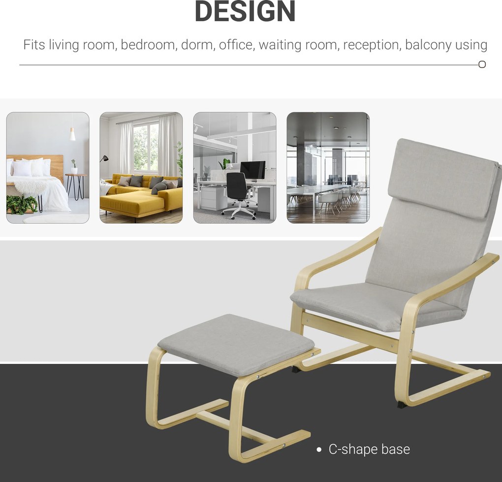 HOMCOM Fotel klubowy z podnóżkiem, pokrowiec imitujący len, drewniana rama, do 120 kg, Jasnoszary/Natura