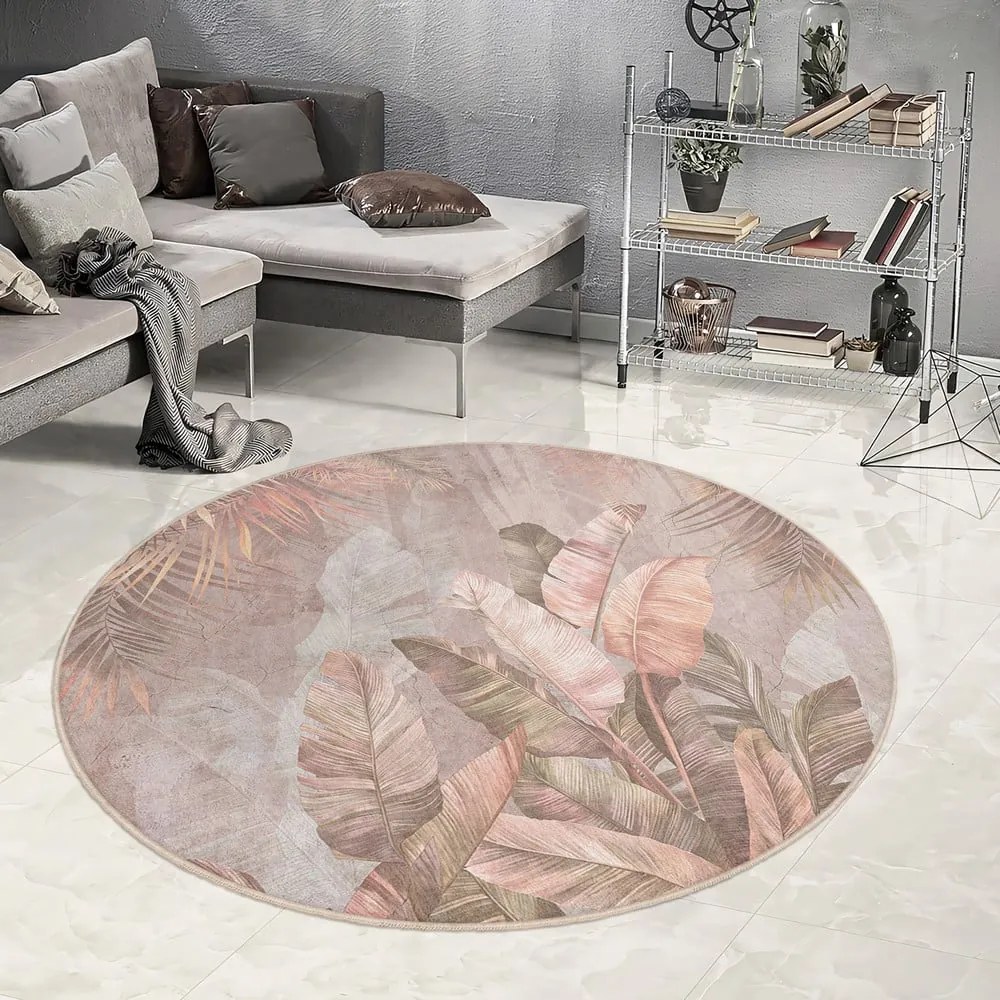 Jasnoróżowy okrągły dywan odpowiedni do prania ø 100 cm Dusty Leaves – Mila Home