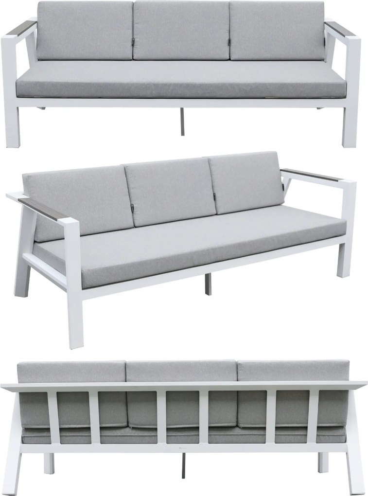 Zestaw mebli ogrodowych biały aluminium sofa fotele stolik drewniane detale
