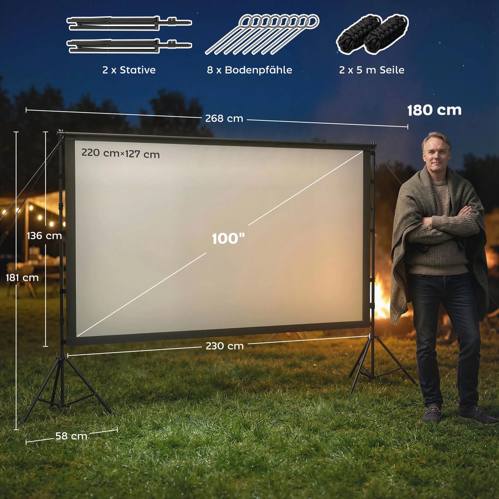 HOMCOM 254 cm 16:9 HD 4K/8K ekran projekcyjny ze statywem, przenośny dwustronny ekran ze składanymi statywami, biały | Aosom PL