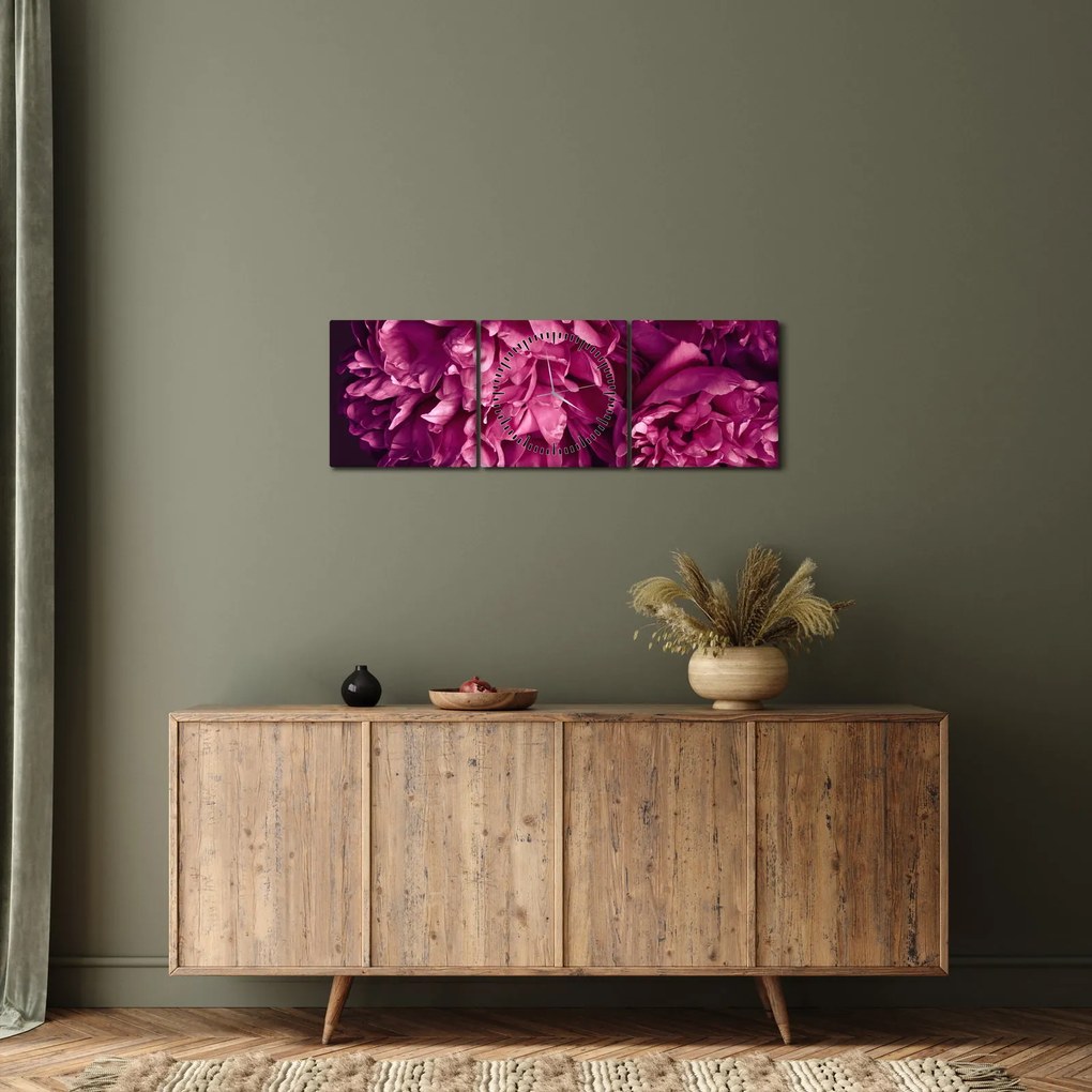Obraz - Kwiaty piwonii (z zegarem) (90x30 cm)