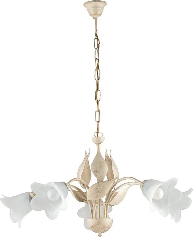 Olga – żyrandol z lakierowanego żelaza w kolorze kości słoniowej, dekor stare złoto, klosze z białego szkła alabastrowego Ø14 cm, 5 świateł