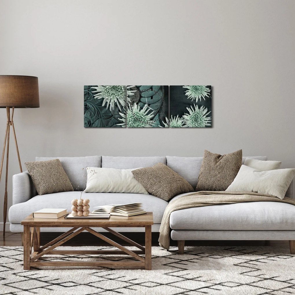 Obraz - Zielone kwiaty (z zegarem) (90x30 cm)