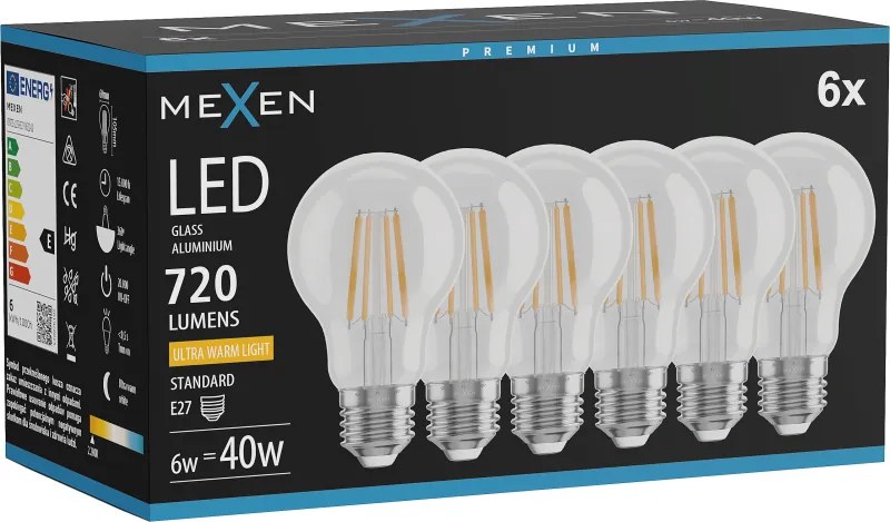 Mexen Vintis 6x żarówka filament LED E27, A60, 6W, Ciepła - 2200K, 720 lm, clear - L150-E27-0622-00x06