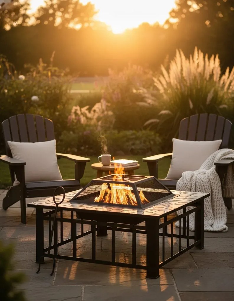 Kwadratowe palenisko ogrodowe z pogrzebaczem E4-A07