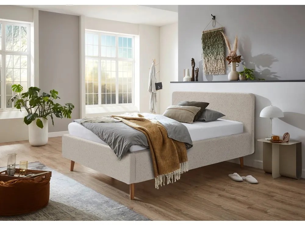 Beżowe tapicerowane łóżko dwuosobowe ze schowkiem ze stelażem 140x200 cm Mattis – Meise Möbel