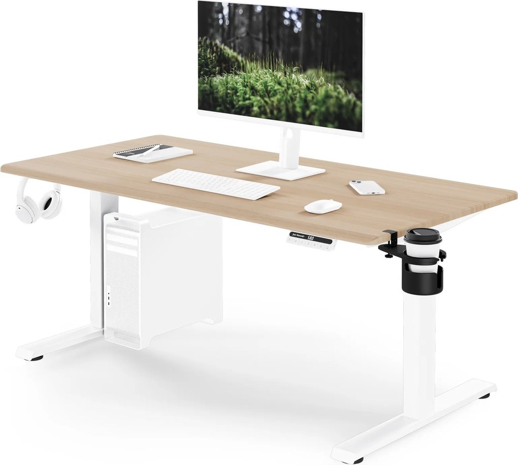 Biurko elektryczne z regulacją wysokości ergonomiczne białe/dąb sonoma,1400x700 mm: ARIA