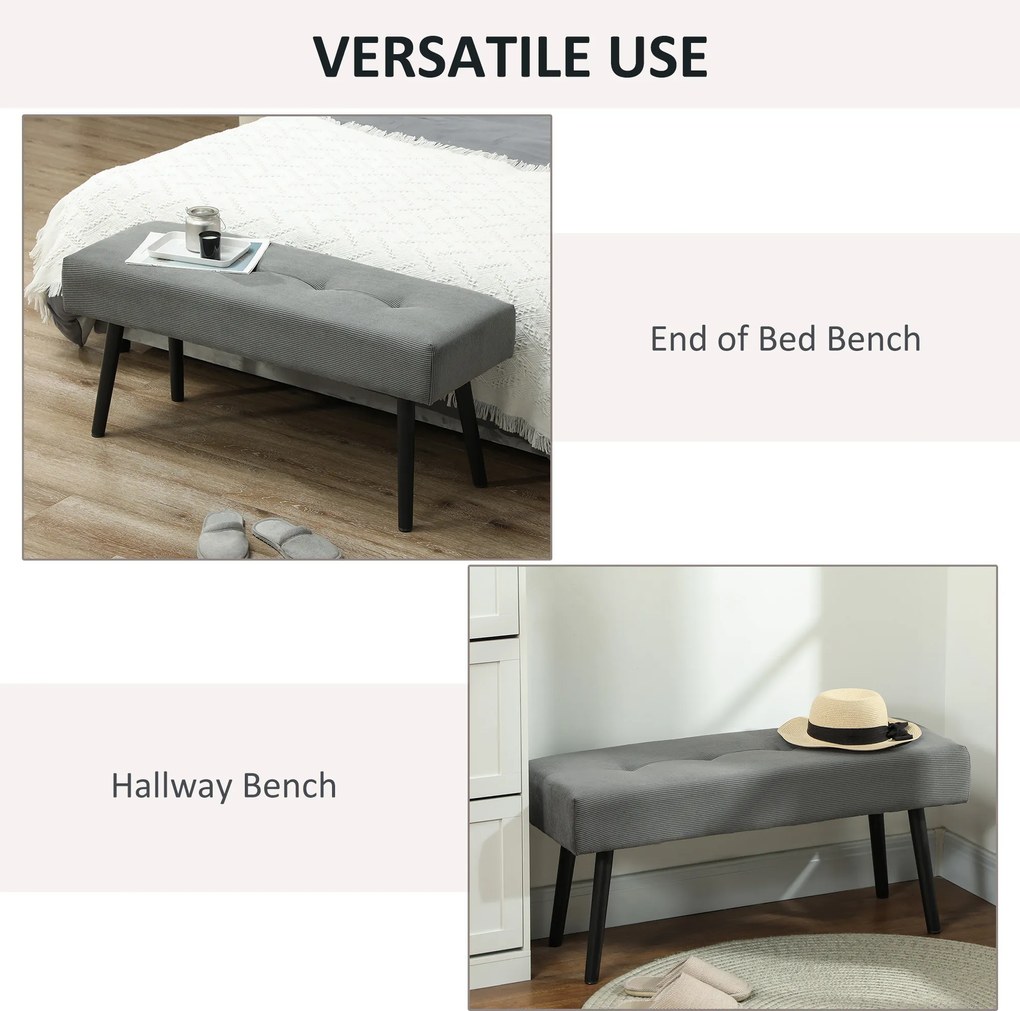 HOMCOM Ławka z pokryciem sztruksowym, ławka do łóżka z metalowymi nogami, ławka na buty 100 x 36 x 45 cm Szara