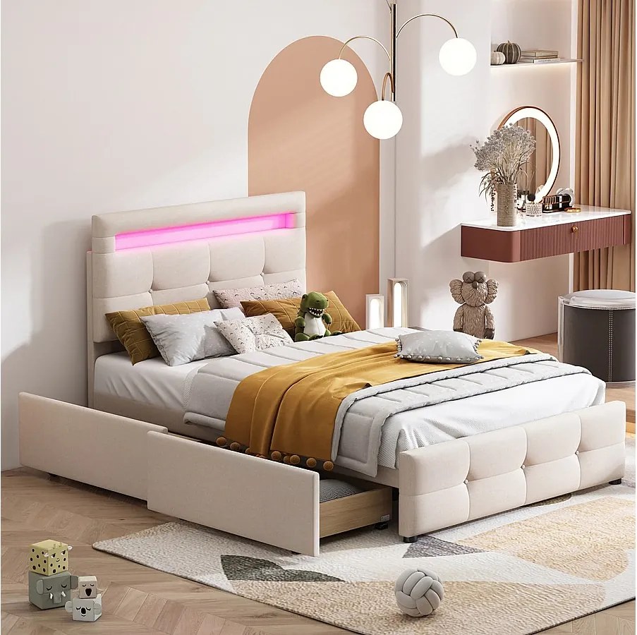 Łóżko pojedyncze 90x200cm z tkaniny lnianej z LED i 2 szufladami - Beżowe