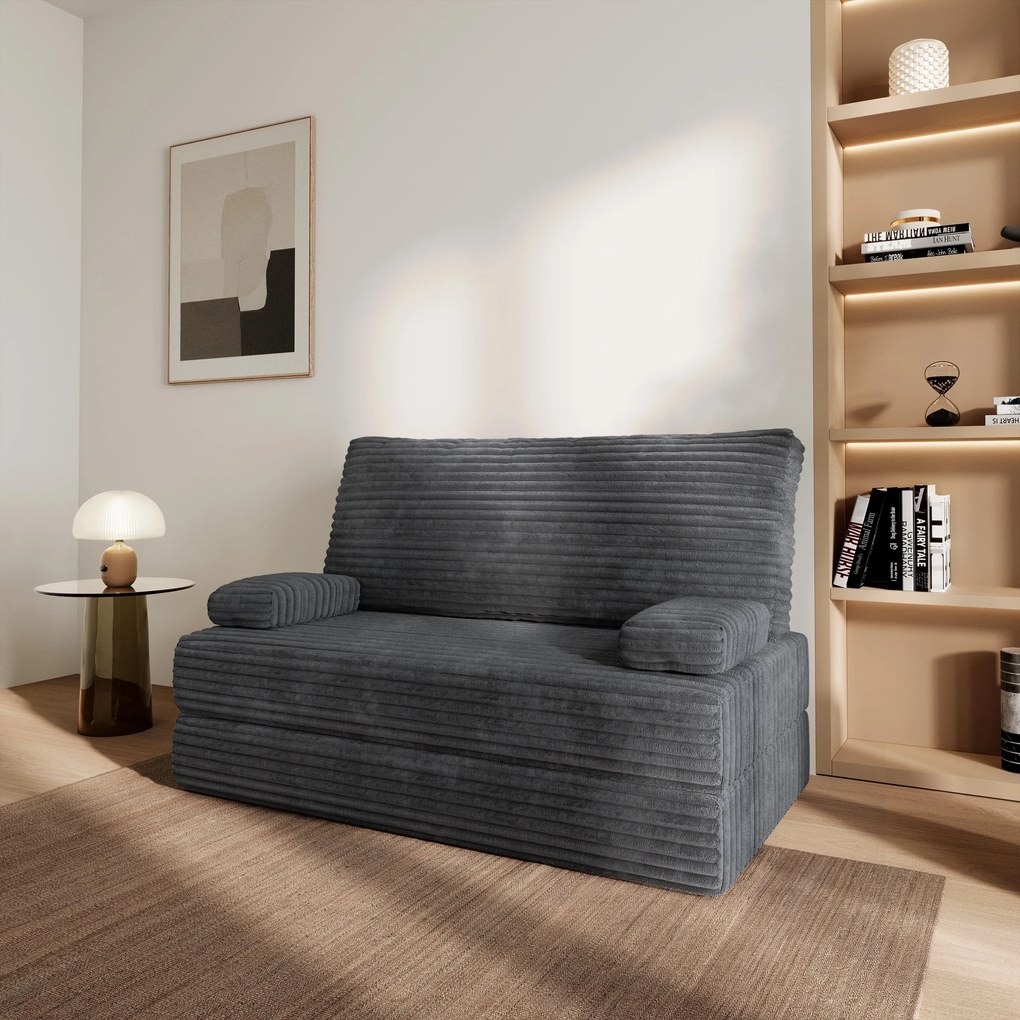 Masseno Sofa piankowa LADIA z funkcją spania, Kanapa z pianki do salonu, Bezmontażowa, Tkanina sztruksowa – Grafitowy TILIA 90