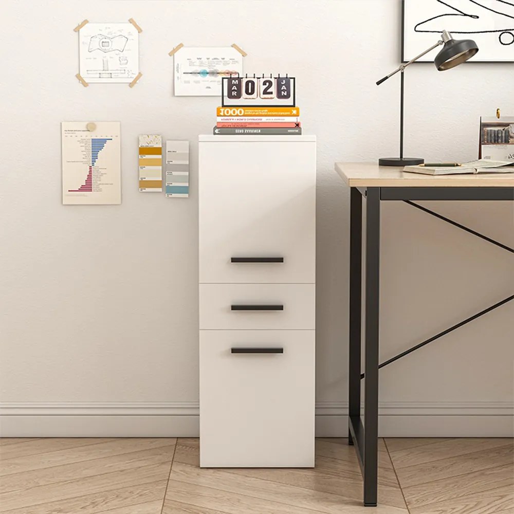 Biała szafka biurowa w stylu loftowym z 2 półkami i szufladą – 85x30x30 cm