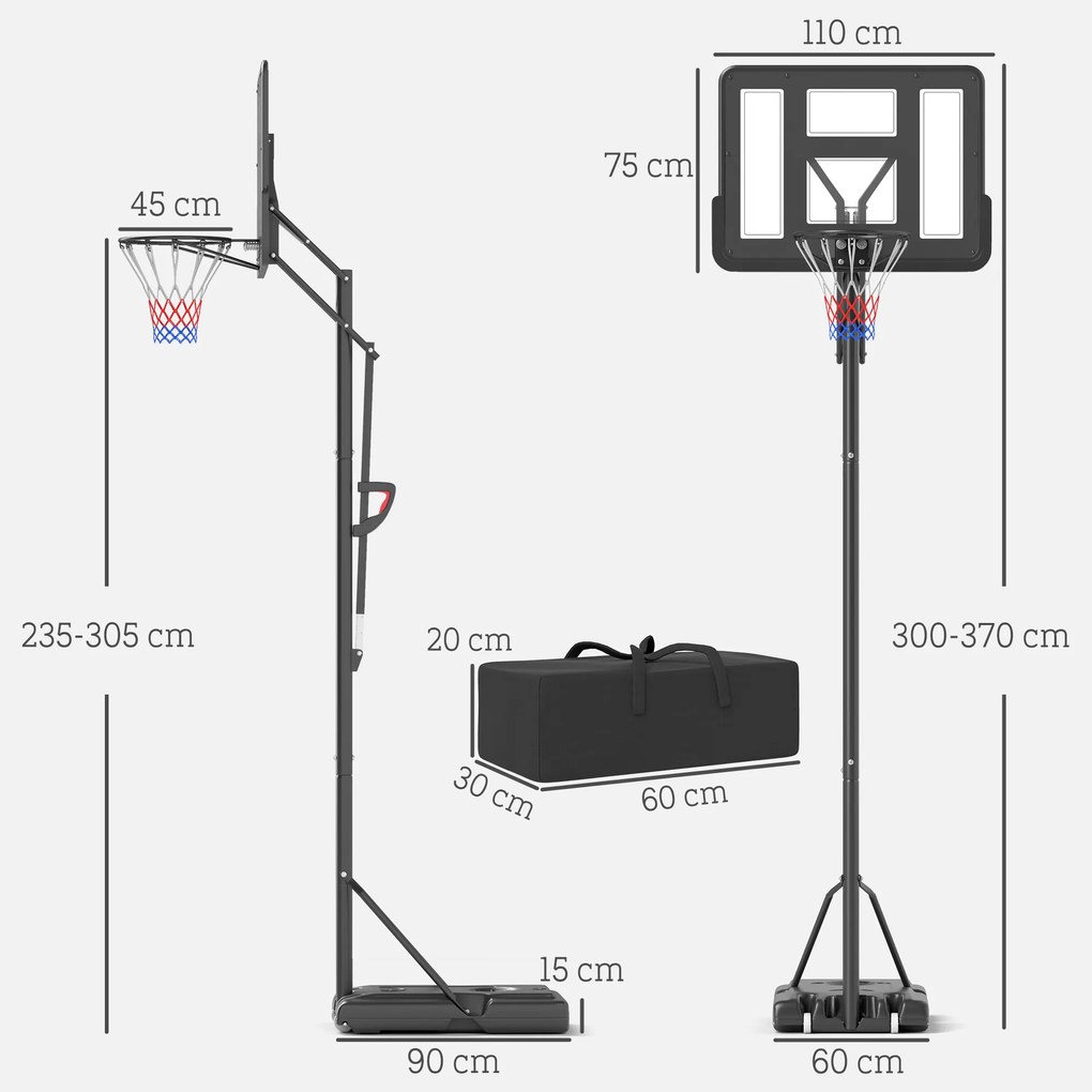 SPORTNOW Stojak na Koszykówkę, Regulowana Wysokość Kosza 235-305 cm, Podstawa na Kółkach do Wypełnienia, Czarny