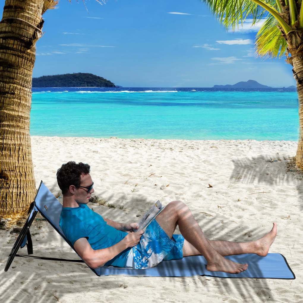 Outsunny Leżak plażowy, składany, z regulowanym oparciem, boczną kieszenią, miękką wyściółką, stalową ramą, Niebieski, 142x51x40 cm | Aosom PL