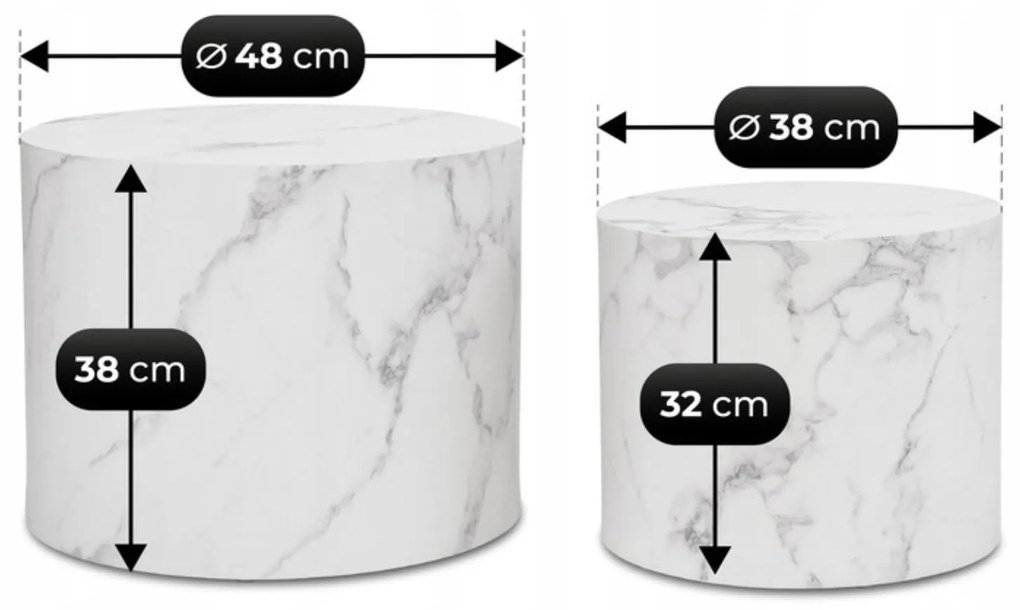 Zestaw Stolików Kawowych LEILA 38 cm/48 cm Biały Marmur Nowoczesny Glamour