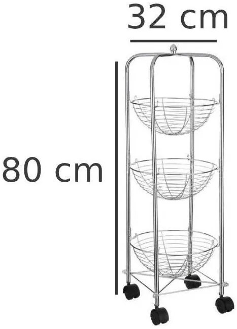 Wózek kuchenny z koszami na owoce, 3 poziomy, stal chromowana, 80 cm