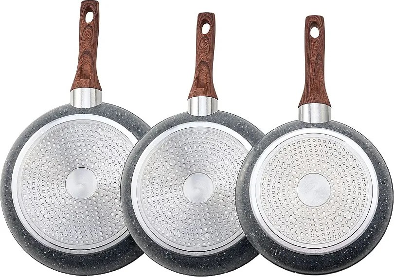 Patelnia Aluminiowa SucceBuy, 3 Sztuki 25/28/32,5 Cm, Patelnia z Powłoką Nieprzywierającą, Wstępnie Sezonowana, do Kuchenek Gazowych i Elektrycznych, Kolor Szary