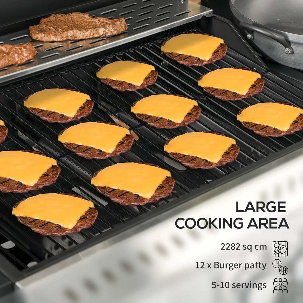 Outsunny Grill Gazowy, BBQ-Grill, 4 Główne Palniki, 1 Boczny Palnik, 1 Płyta Grzewcza; 123 x 52 x 101cm, Czarny