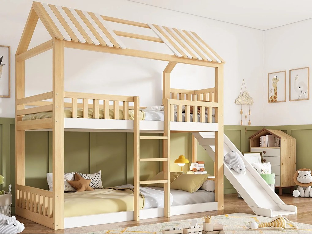 Łóżko piętrowe 90x200 cm - z drabiną i zjeżdżalnią - z półkami i barierkami - Biały + Naturalny​ (bez materaca)