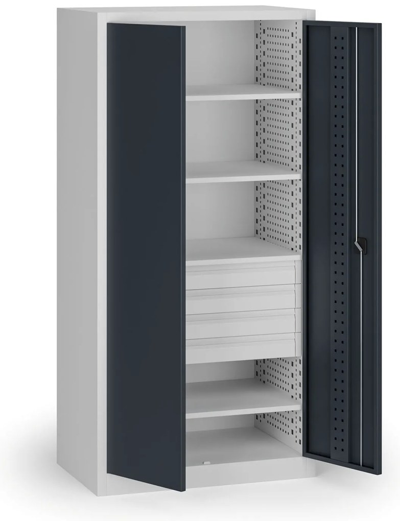 Szafa warsztatowa na narzędzia KOVOS, 4 półki, 4 szuflady, perforowana, 950 x 600 x 1950 mm, grafitowy