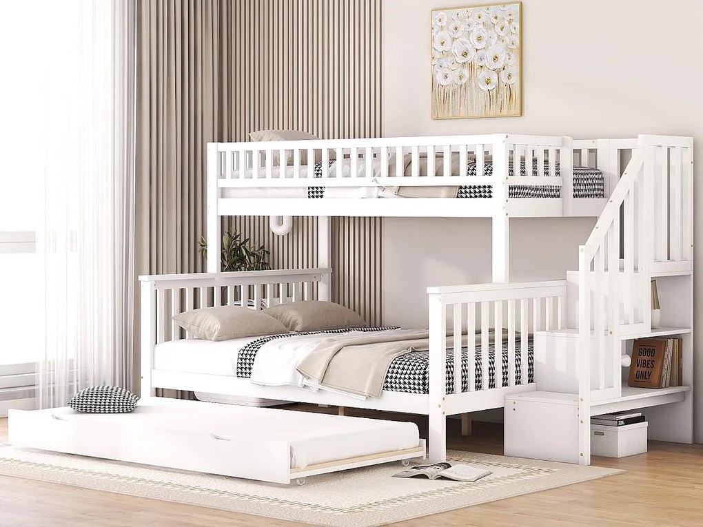 Łóżko piętrowe drewniane - 2x90x200cm + 140x200cm - z schodami do przechowywania - Białe