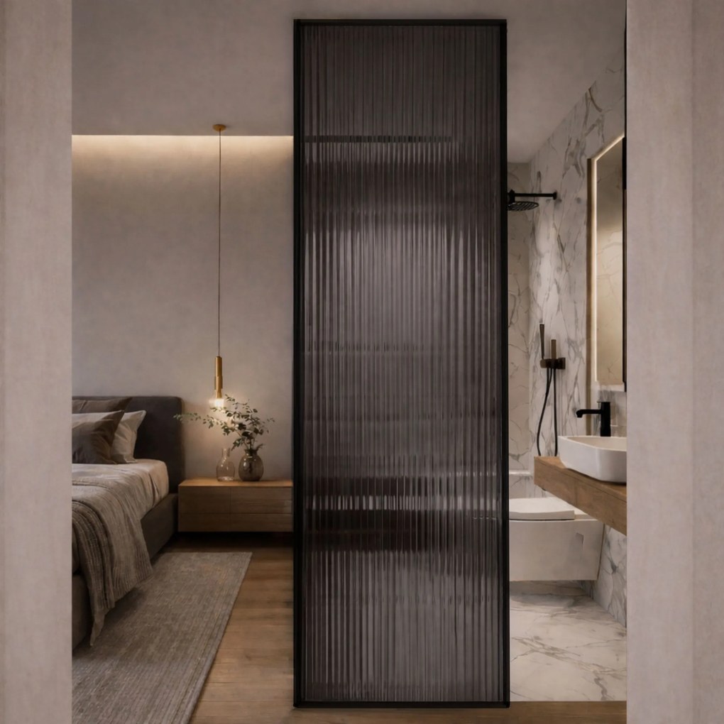 Ścianka prysznicowa ryflowana ARTE WELLE XXL Grafit w czarnej ramie szkło grafitowe ryflowane | Różne rozmiary : Kolor ramy - chrom, Rozmiar - 80 x 300 cm