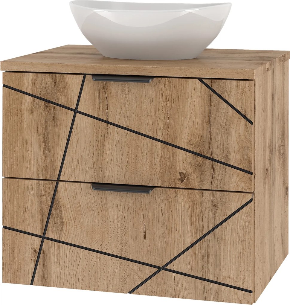 Szafka łazienkowa z nablatową umywalką Wood 02, dąb wotan, 60 cm - zestaw 2