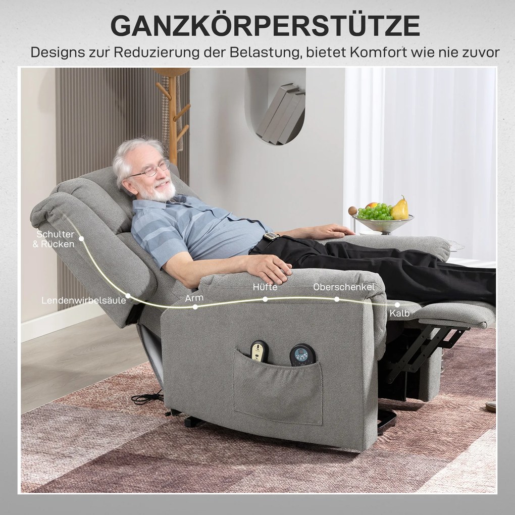 HOMCOM Fotel z Powerlift, Masujący z Funkcją Ciepła, Fotel z Podnóżkiem i Boczną Kieszenią, Obicie z Tkaniny, Ciemnoszary