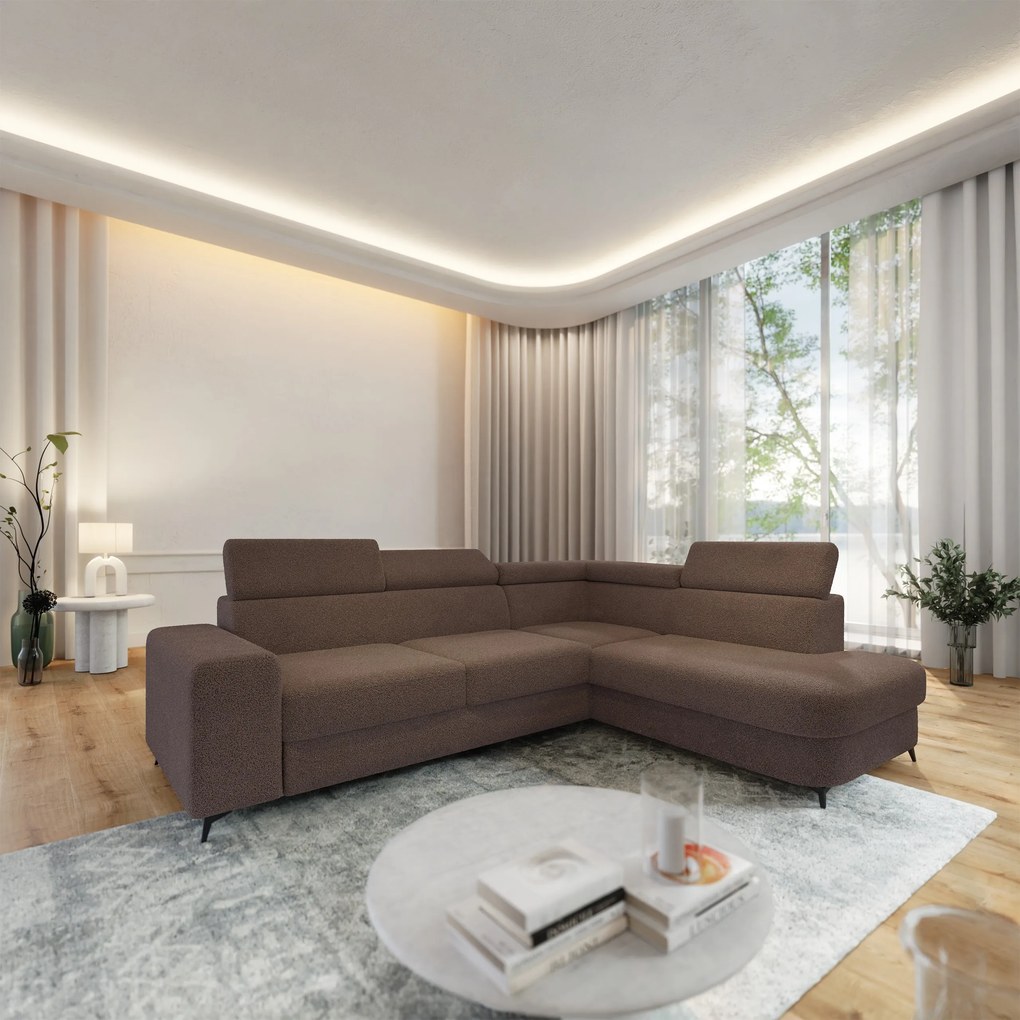 Masseno Narożnik ALVORO z funkcją spania i pojemnikiem na pościel Narozniki L, Rozkładana sofa - Brązowy, QUELLE 25