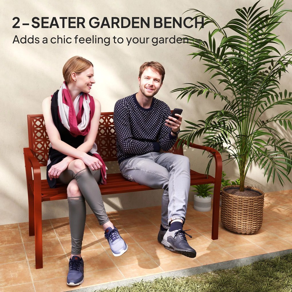 Outsunny Ławka zewnętrzna, ogrodowa z Stali, Wycinane Oparcie, Podłokietniki, dla 2 Osób, Czerwona