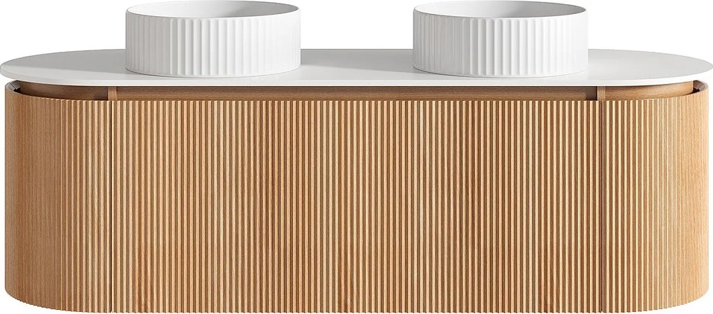 Wisząca szafka łazienkowa prążkowana z podwójną okrągłą umywalką nablatową prążkowaną – Jasny naturalny - szer. 150 cm - LILIKO