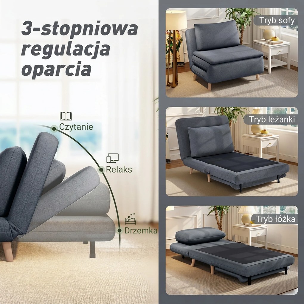 HOMCOM Fotel rozkładany do spania z funkcją łóżka leżanka regulowane oparcie szary drewniane nogi poduszka | Aosom PL