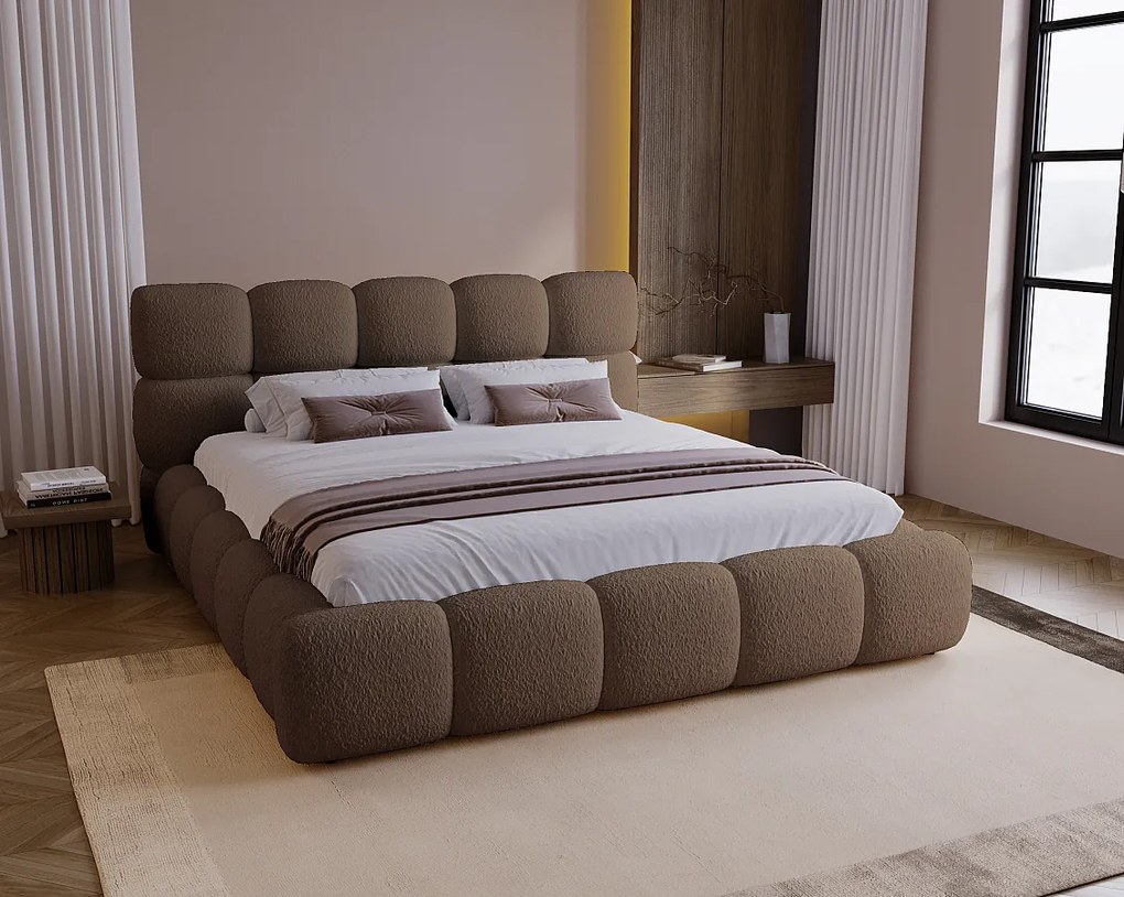 BESILIO Łóżko z grubej pianki 140x200 boucle Boston - łóżko z pojemnikiem i stelażem - Brązowy