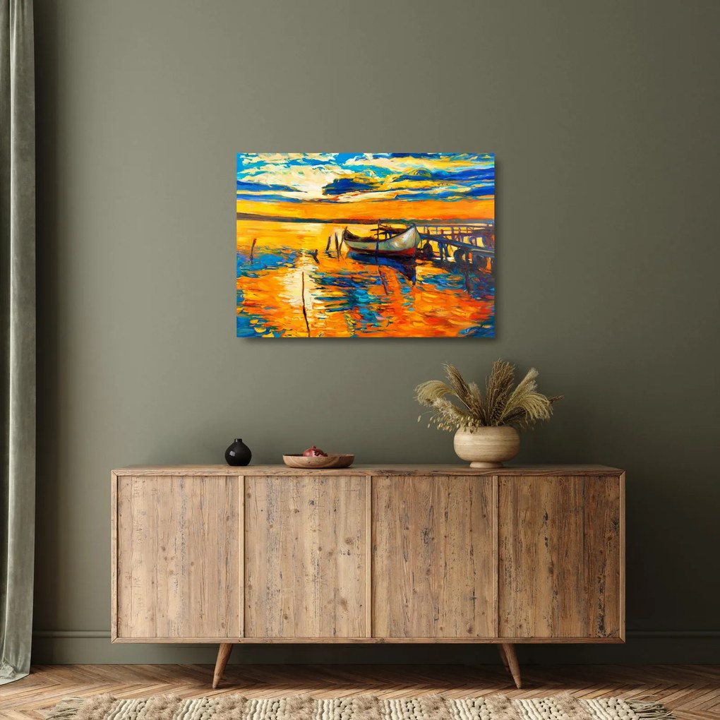 Obraz na szkle - Łódź o zachodzie słońca (70x50 cm)