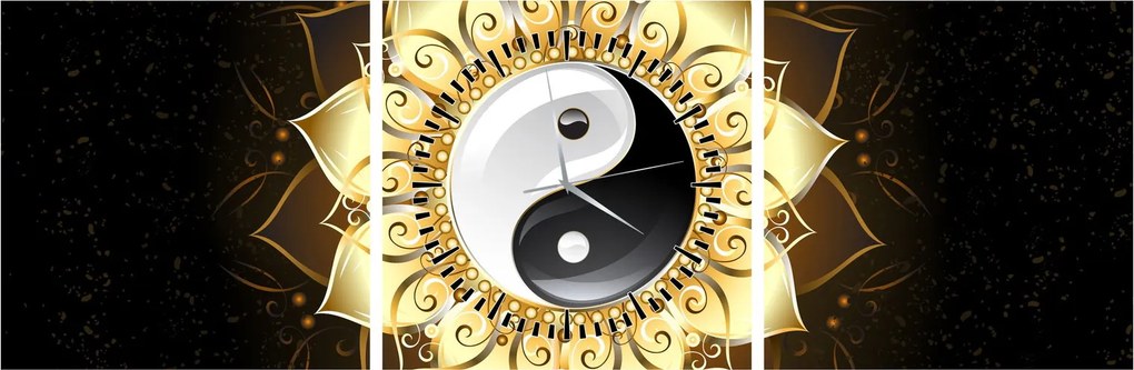Obraz - Złoty Yin-Yang (z zegarem) (90x30 cm)
