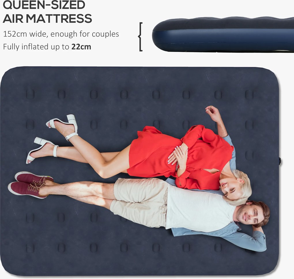 Outsunny Materac Powietrzny dla 2 Osób, miękki i wytrzymały, 203x152x22cm, Granatowy