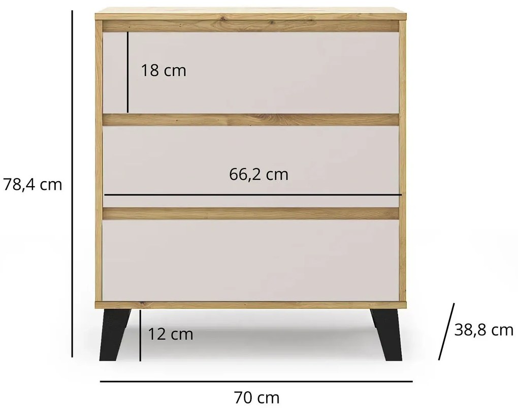 Komoda z 3 szufladami do sypialni dąb artisan + kaszmir G2-S61
