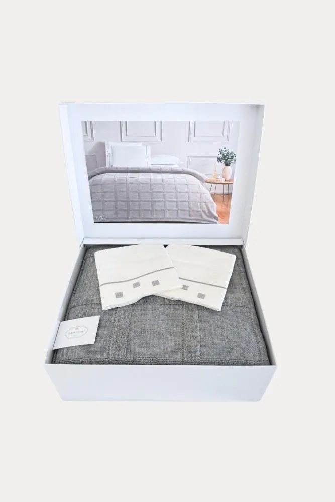 Wełniana narzuta na łóżko NEVA w opakowaniu prezentowym z poduszkami Szary Zestaw na łóżko dwuosobowe