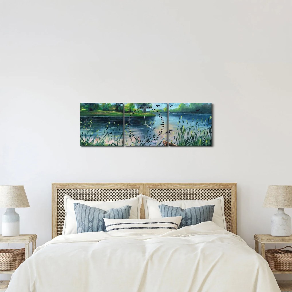 Obraz - Obraz olejny, Wczesny letni wieczór nad jeziorem (z zegarem) (90x30 cm)