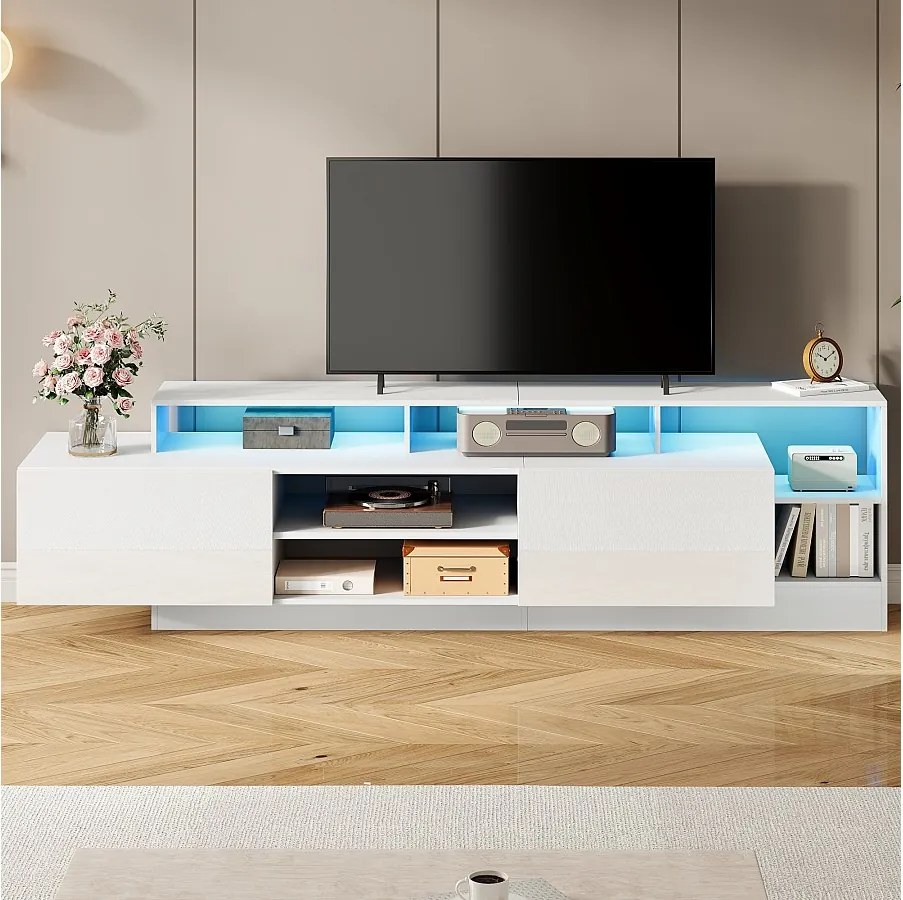 Nowoczesna szafka RTV z połyskiem - 190 x 40 x 48,5 cm - z otwartą przestrzenią + diody LED + 2 drzwi - płyta wiórowa - biała