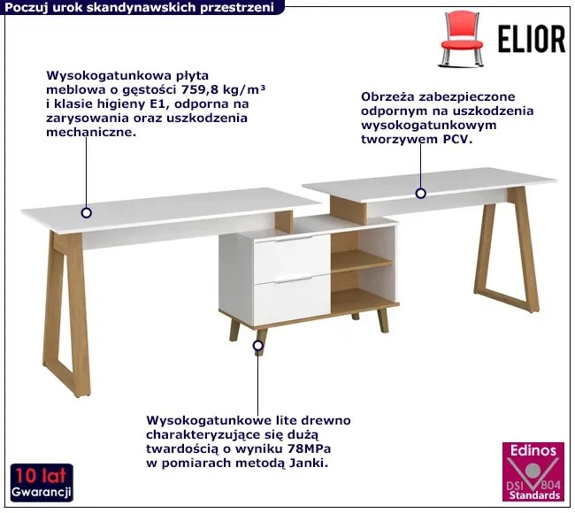 Białe duże podwójne biurko z regałem i szufladami - Olenako 17X