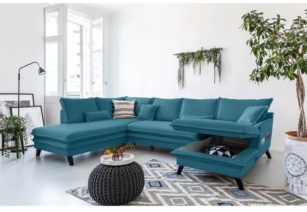 Turkusowa rozkładana sofa w kształcie litery "U" Miuform Charming Charlie, lewostronna