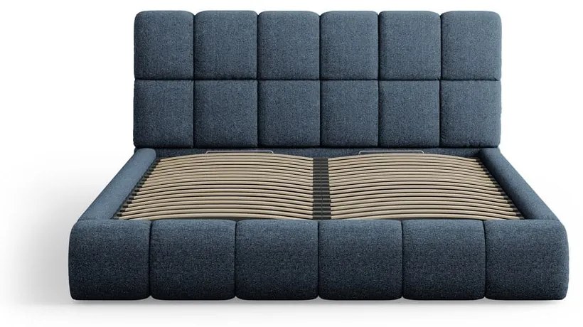 Ciemnoniebieskie tapicerowane łóżko dwuosobowe ze schowkiem i stelażem 140x200 cm Bellis – Micadoni Home