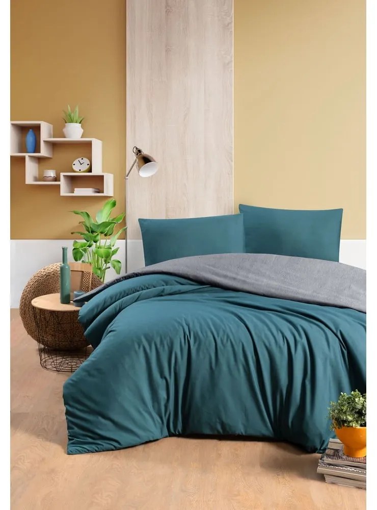 Morsko-szara bawełniana pościel dwuosobowa z prześcieradłem 200x220 cm – Mila Home