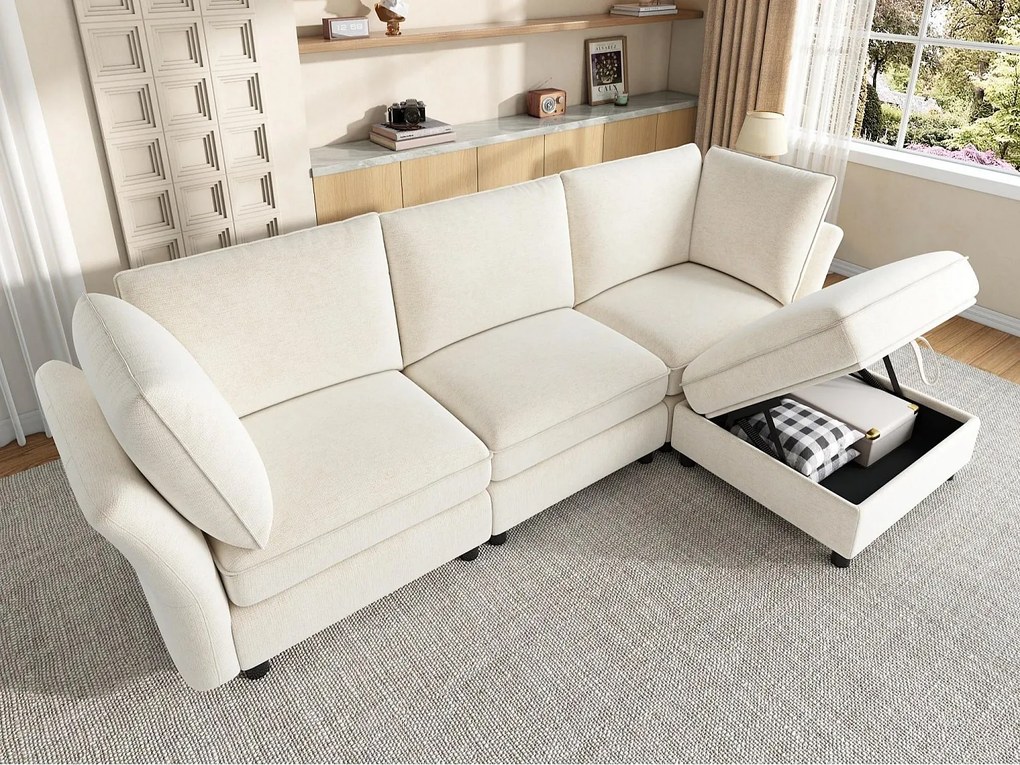 Modułowa sofa narożna 4-osobowa z pufą ze schowkiem, sofa „Efekt Chmury” z miękkiej szenili, ergonomiczny design z 2 poduszkami - beżowy