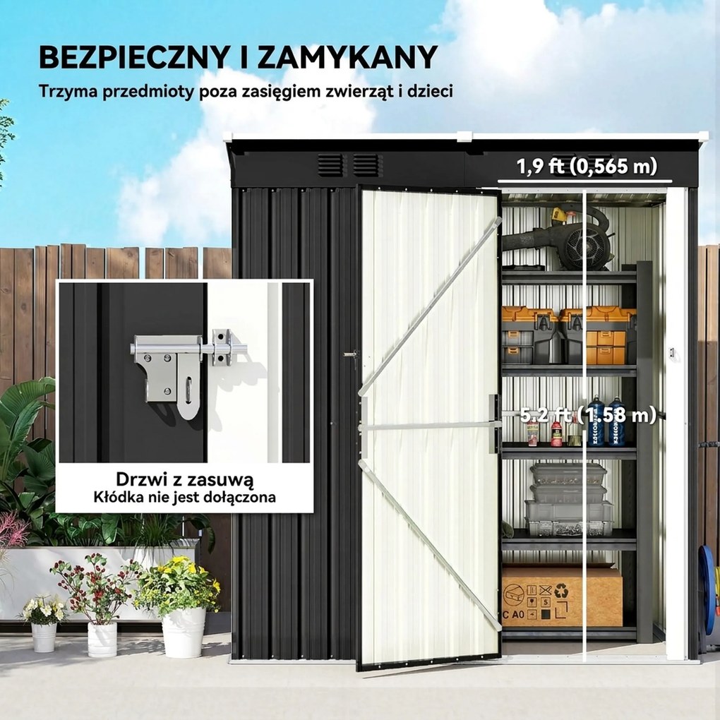 Outsunny Metalowy schowek na narzędzia 1,37 m², zamykany schowek z wentylacją, pochyłym dachem, rękawicami, 163 x 90 x 179 cm | Aosom PL