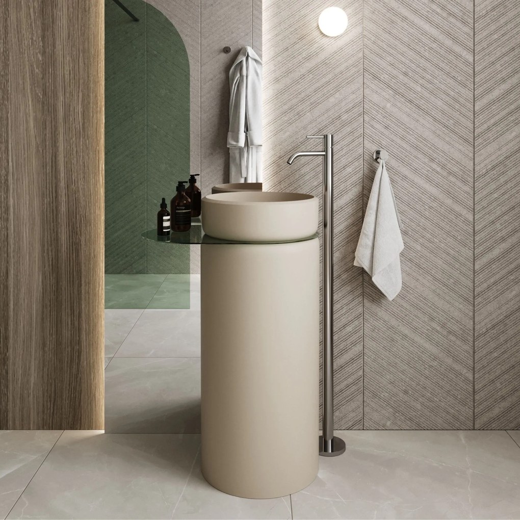 Umywalka z konglomeratu wolnostojąca okrągła z półką szklaną 85 x 40 cm RONA bez przelewu | Różne kolory półki : Kolor szkła - Zielony, Kolor umywalki RONA - Beż matowy, Podłączenie syfonu - Do ściany, Półka - Szklana